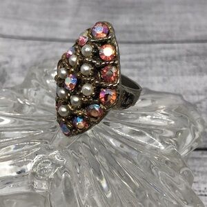 Vintage statement style AB crystals and faux pearls ring costume jewelry dressy